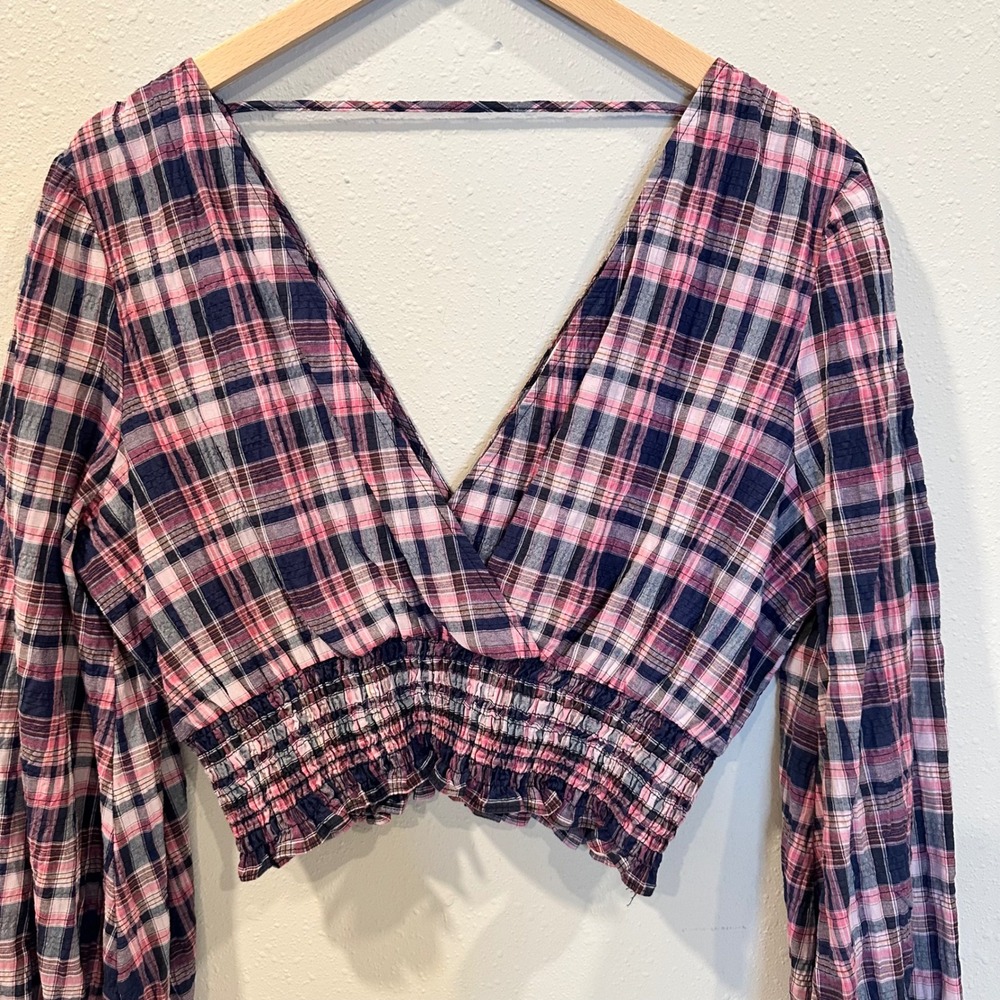 Zara Plaid Crop Top Women Medium Pink Smocked Balloon Sleeve Preppy Cottage Boho - Picture 7 of 12